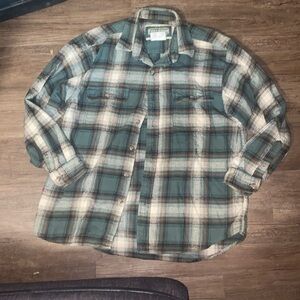 Field & Stream Button Up Thick Flannel Shirt Men's Large Green White Plaid